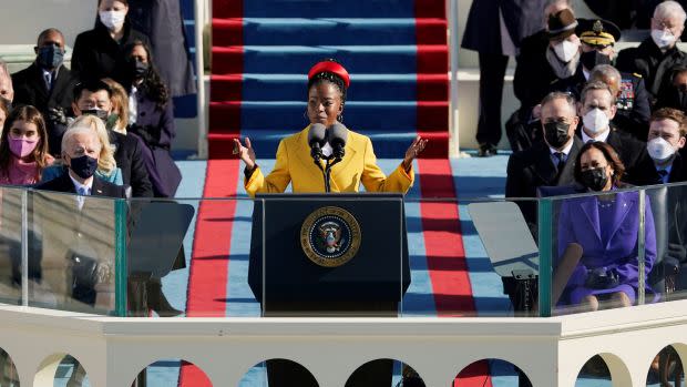 Poet Amanda Gorman reads a poem during the 59th Presidential Inauguration at the U.S. Capitol in Washington January 20, 2021.