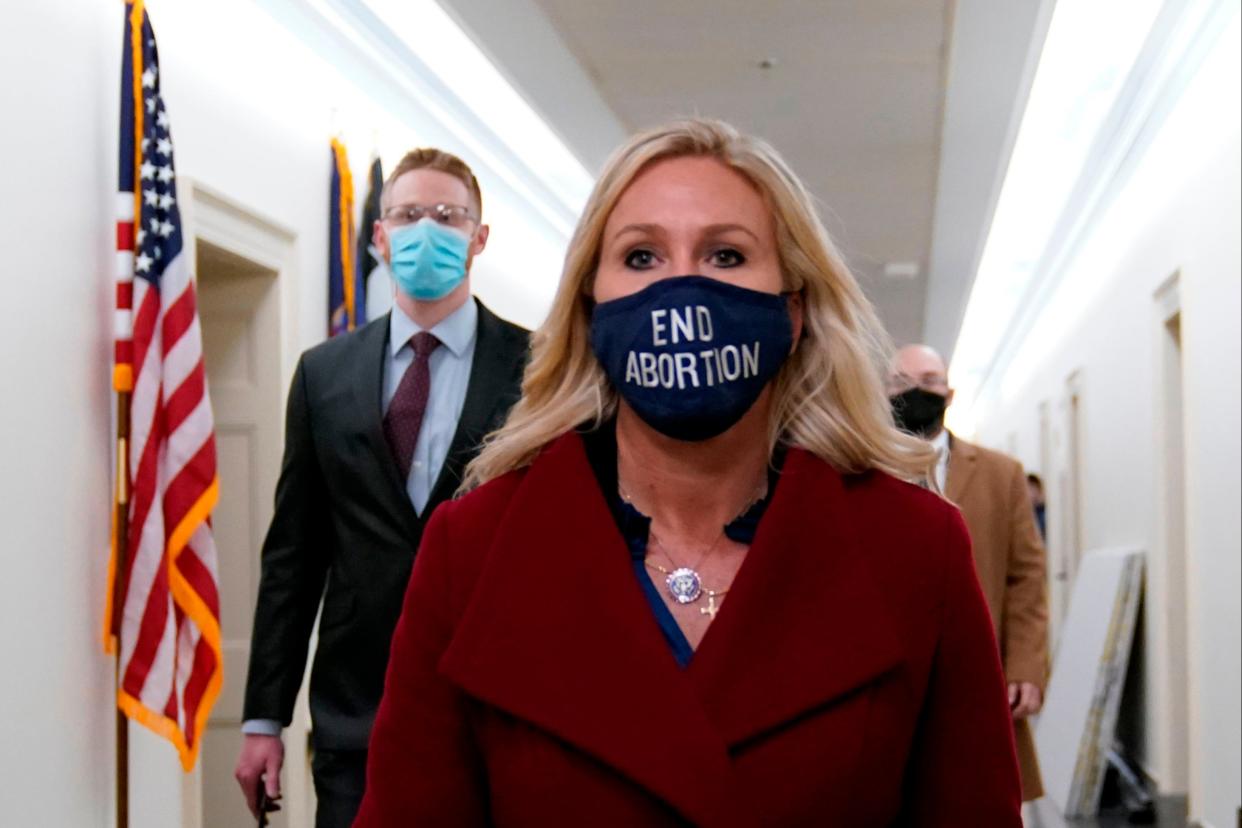 <p>US Representative Marjorie Taylor Greene, Republican of Georgia, leaves her office on Capitol Hill on Wednesday</p> (AFP via Getty Images)