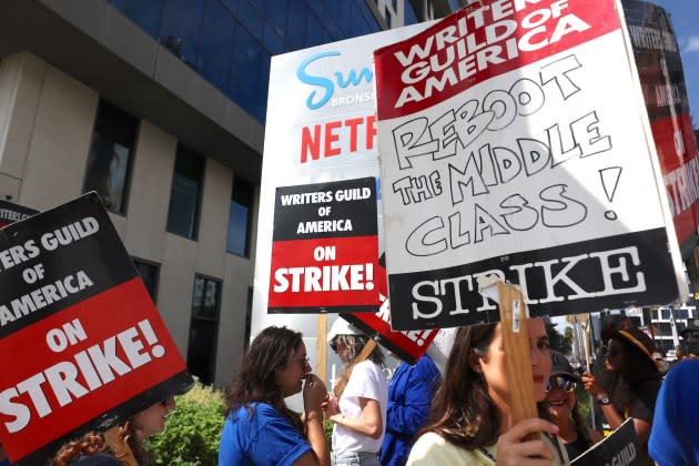Writers Guild Members Man Picket Lines As Labor Talks Continue - Credit: Mario Tama/Getty Images
