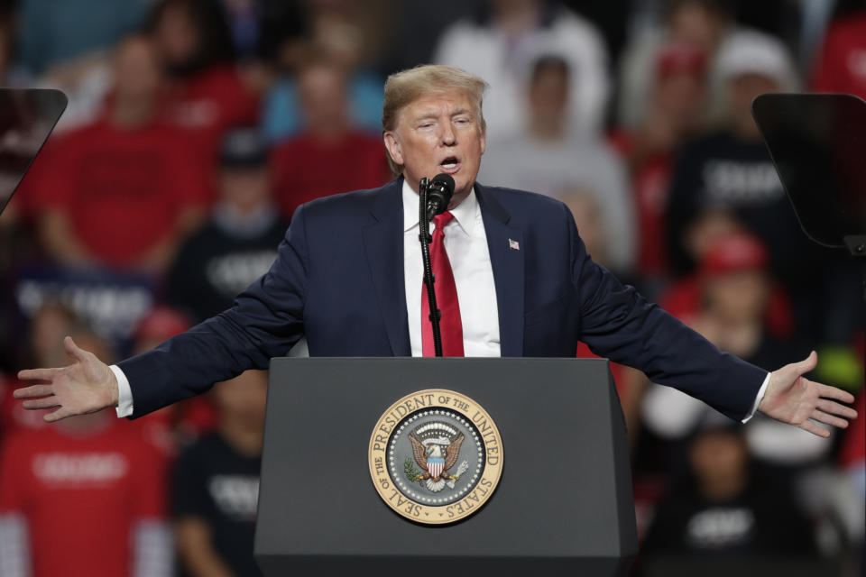 FILE - In this Thursday, Jan. 9, 2020 file photo, President Donald Trump speaks during a campaign rally at the Huntington Center, in Toledo, Ohio. Video of U.S. President Donald Trump saying he had a hand in the latest Nobel Peace Prize has gone viral in Ethiopia after Trump asserted during a rally in the U.S. Thursday, Jan. 9, 2020 that he had "made a deal" to save the country. (AP Photo/Tony Dejak, File)