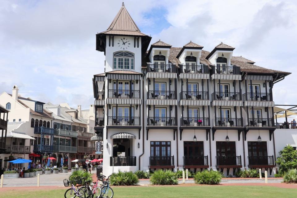 facade of the pearl hotel near rosemary beach in florida, usa