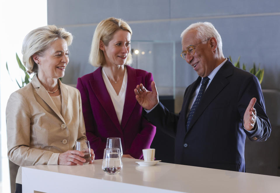 European Commission President Ursula Von der Leyen, left, Estonia's Prime Minister Kaja Kallas, and former Portuguese Prime Minister Antonio Costa, right, attend a meeting at Brussels Airport, Brussels, Belgium, Friday June 28, 2024, a day after the EU summit. European Union leaders have agreed on the officials who will be the face of the world’s biggest trading bloc in coming years for issues ranging from anti-trust investigations to foreign policy. The EU presidency of the Council said Ursula von der Leyen was approved for a second term as the EU’s executive Commission. (Olivier Hoslet/Pool via AP)