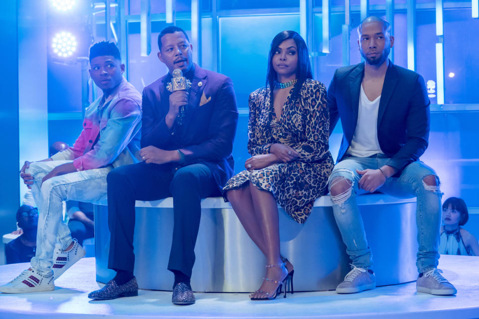 This image released by Fox show, from left, Bryshere Y. Gray, Terrence Howard, Taraji P. Henson and Jussie Smollett in a scene from the "Pay For Their Presumptions" episode of "Empire," which originally aired on Oct. 3, 2018. Smollett’s co-starring role in “Empire” may end up being the pinnacle of his career, industry observers and insiders said as the actor faces criminal charges that he faked a hate crime against himself. (Chuck Hodes/FOX via AP)