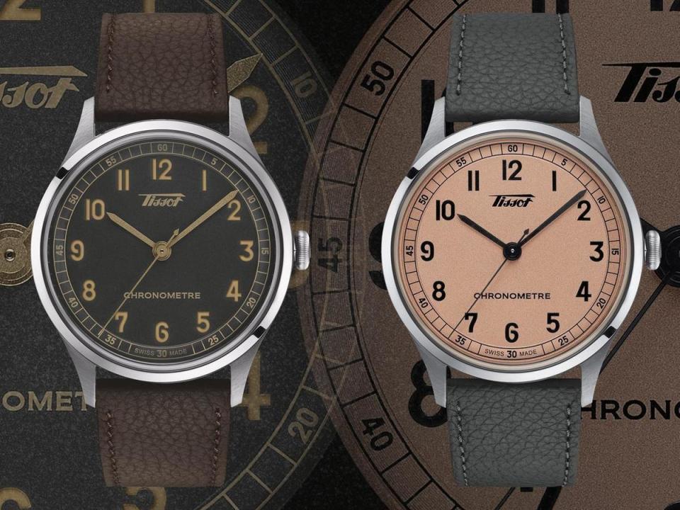 TISSOT天梭為其Heritage復刻系列再增添兩款新選擇：Heritage 1938大三針腕錶，結合古董外型、小巧錶徑與精準耐用的天文台認證機芯，甚至還有「鮭魚色」面盤的選擇，非常誘人。定價約825美元。