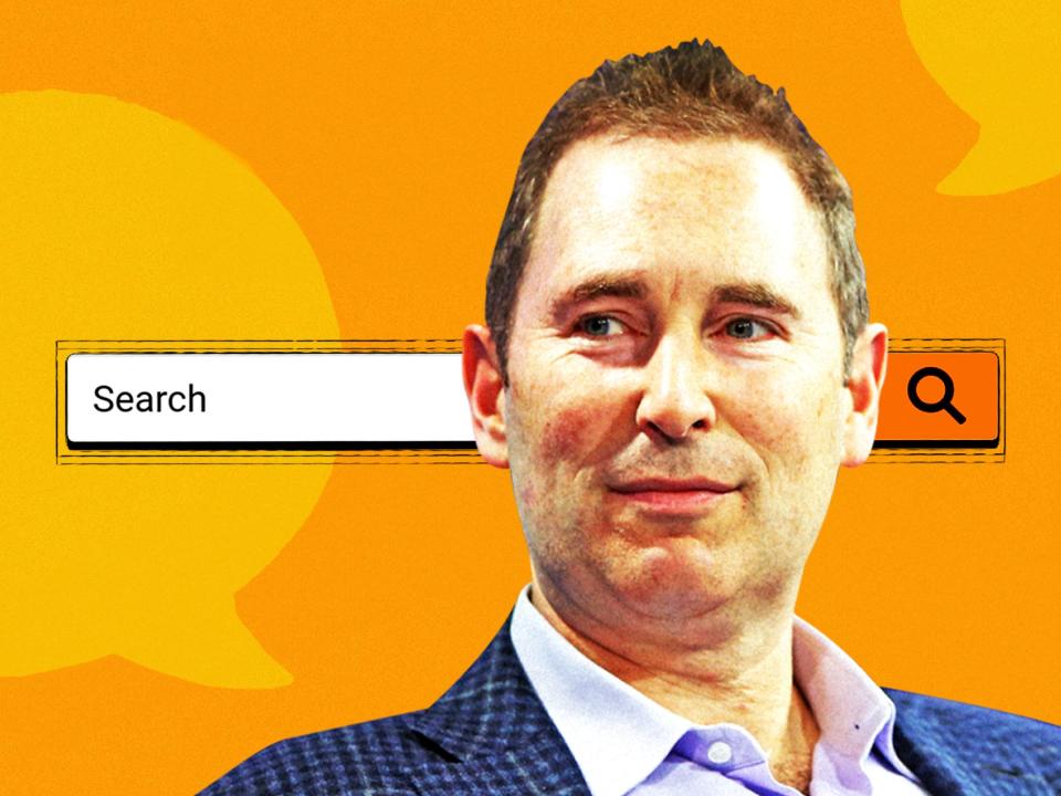 Andy Jassy, Amazon's CEO, in front of the Amazon Search bar with two Chat GPT bubbles in the background.