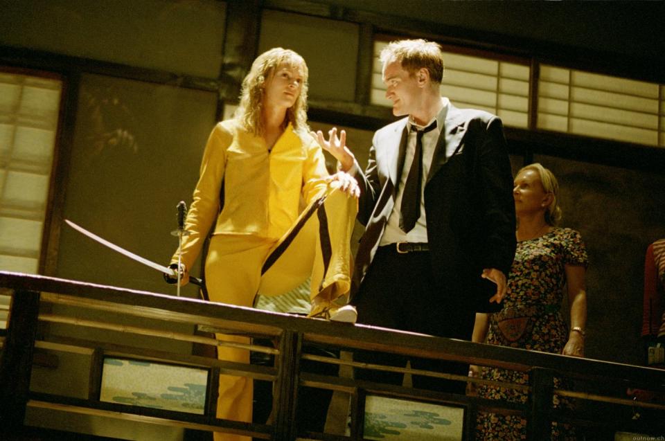 Uma Thurman and Quentin Tarantino on the set of Kill Bill Vol. 1. 