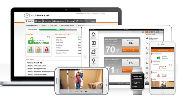 Alarm.com's software dashboard is displayed on a PC, smartphone, tablet, and smartwatch.