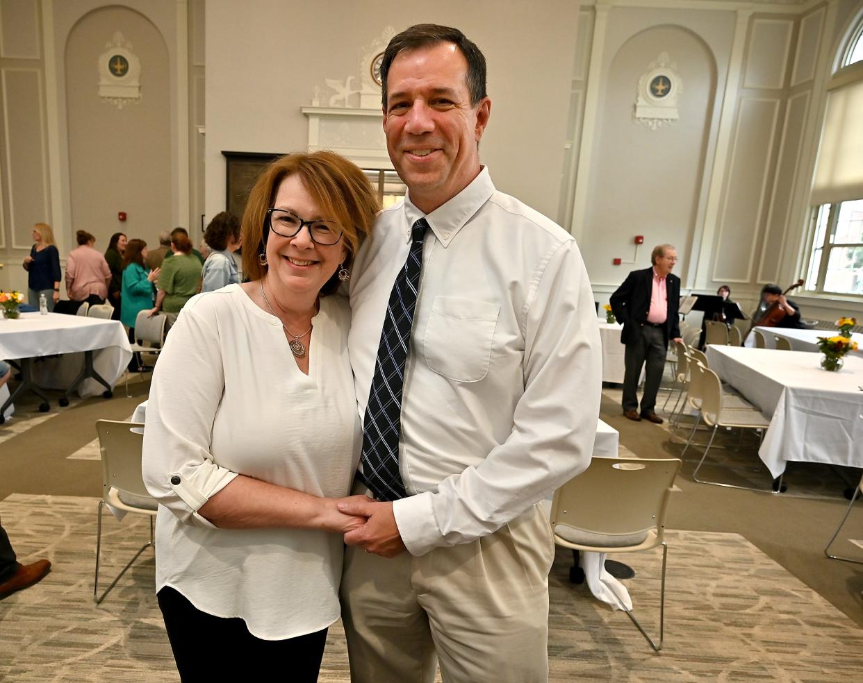 Ed and Julie Belbin, husband-and-wife team who are retiring from Westborough public schools, attended a party for long-term and retiring school teachers and staff Thursday at the Forbes Municipal Building in Westborough.