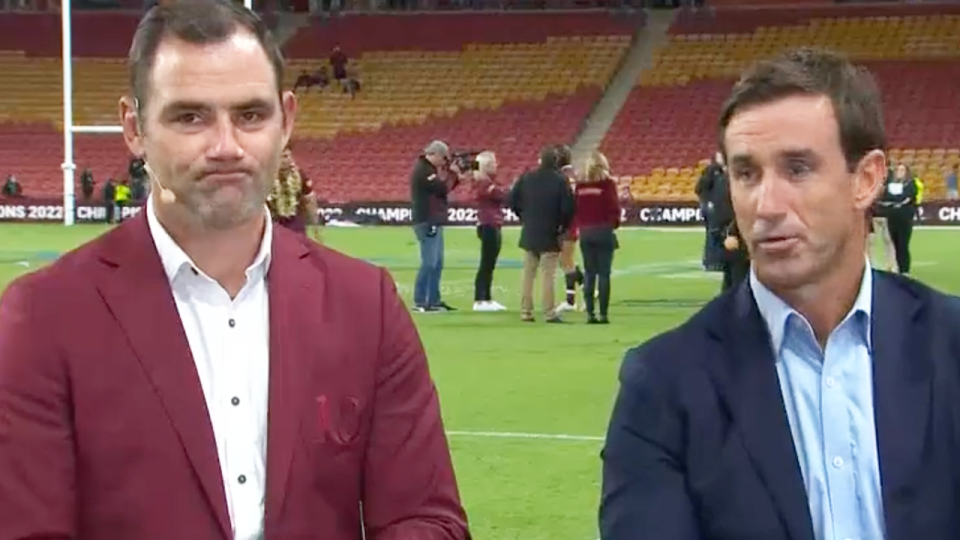 NRL great Cameron Smith (pictured left) reacting as Andrew Johns (pictured right) speaks during State of Origin comentary.