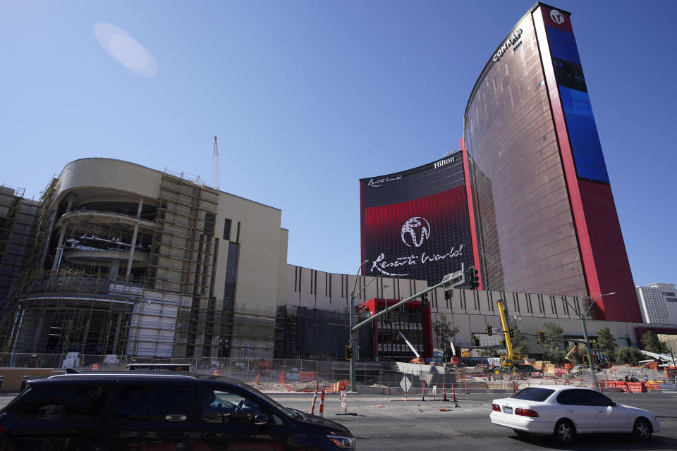 Construction continues on Resorts World Las Vegas, Monday, April 19, 2021, in Las Vegas. The hotel-casino announced Monday that it will open June 24. (AP Photo/John Locher)