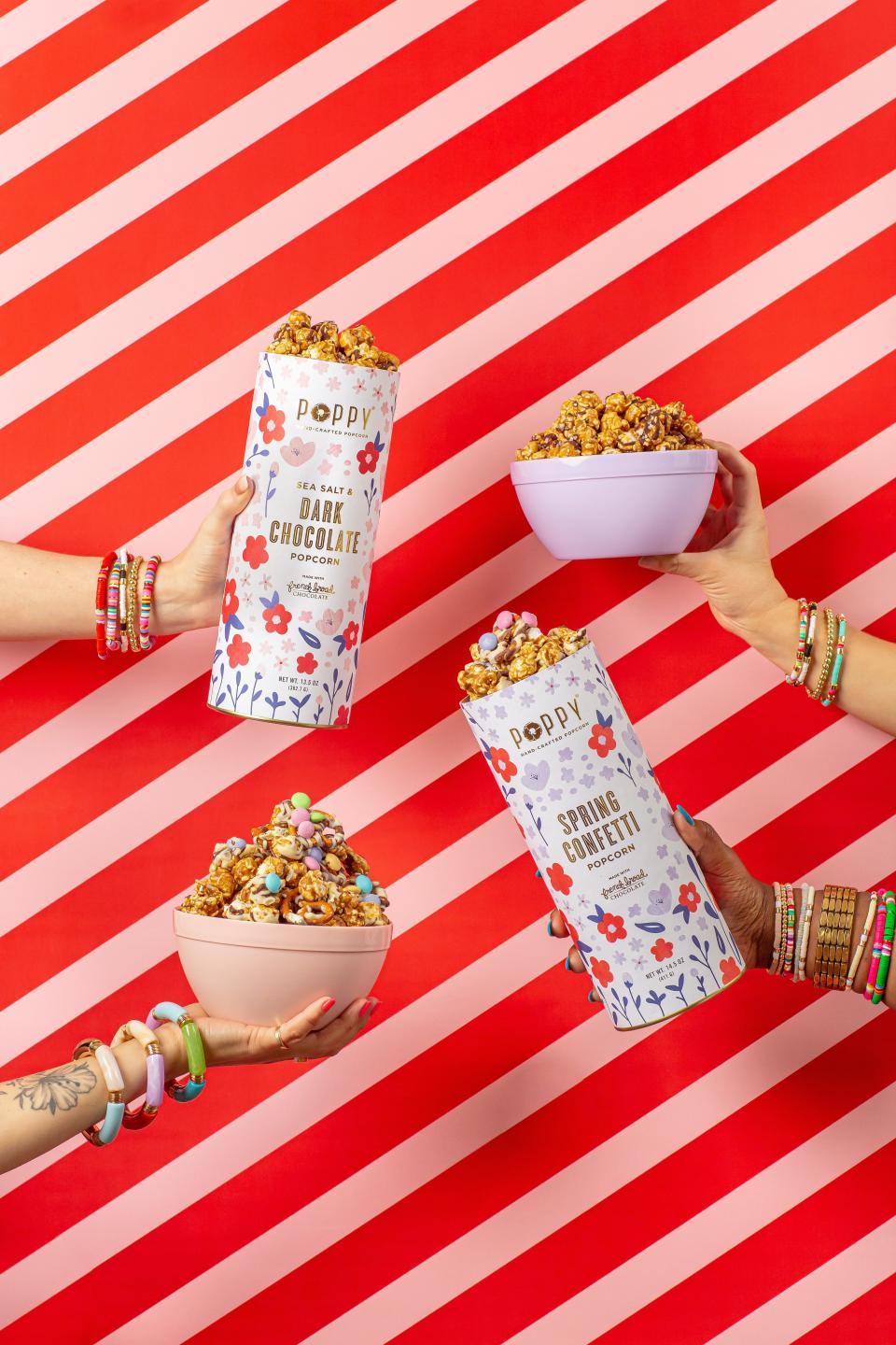Poppy Hand-Crafted Popcorn's spring collection includes sea salt and dark chocolate blend and a Spring Confetti collaboration with French Broad Chocolate.