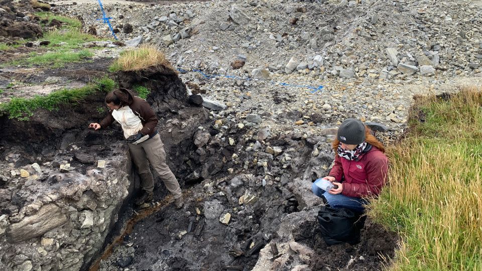 Die Hauptautorin der Studie, Dr. Zoë Thomas (rechts), und die Co-Autorin der Studie, Haidee Cadd, untersuchen den Graben, in dem prähistorische Baumreste auf den Falklandinseln gefunden wurden. - Chris Turney/Universität Southampton