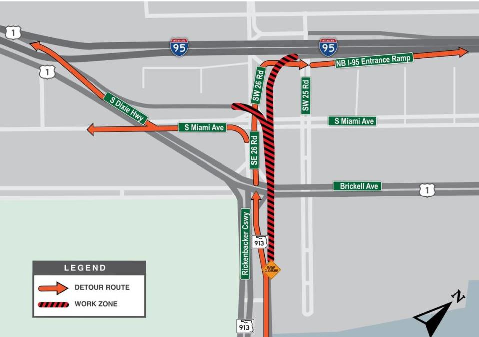 A map of the detours around the Rickenbacker Causeway.