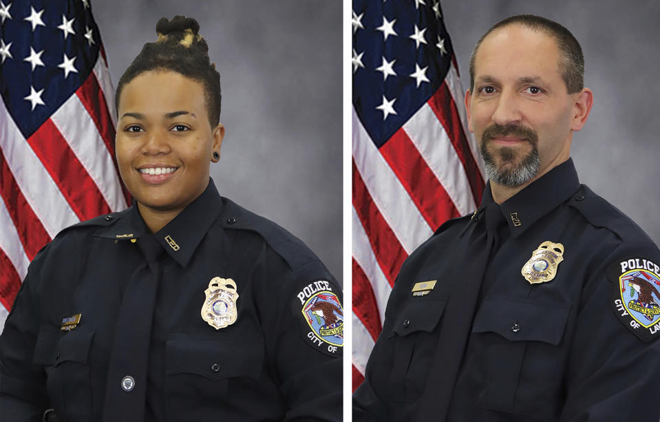 These images provided by the City of La Vergne shows La Vergne Police Officers Ashley Boleyjack and Gregory Kern. Police in Tennessee were searching Sunday, Oct. 22, 2023 for the estranged son of Nashville's police chief as the suspect in the shooting of the two police officers outside a Dollar General store. (City of La Vergne via AP)