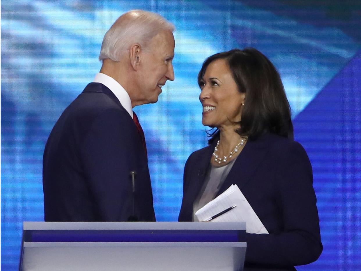 Democratic presidential candidates former Vice President Joe Biden and Sen. Kamala Harris (D-CA) speak after the Democratic Presidential Debate at Texas Southern University's Health and PE Center on September 12, 2019 in Houston, Texas.