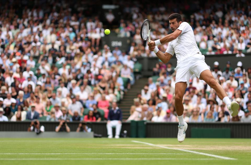 Novak Djokovic of Serbia during the Men's Singles Quarter Final match at All England Lawn Tennis and Croquet Club on July 11, 2023 in London, England.