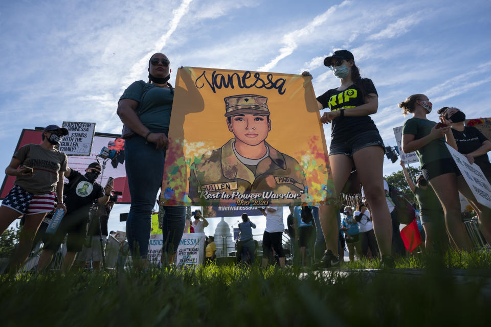 FILE - Supporters of the family of slain Army Spc. Vanessa Guillen gather before a news conference on the National Mall in front of Capitol Hill, on July 30, 2020, in Washington. As public pressure mounts for more information on the deadly Uvalde school shooting, some are concerned that Texas officials will use a legal loophole to block records from being released — even to the victims' families — once the case is closed. (AP Photo/Carolyn Kaster, File)