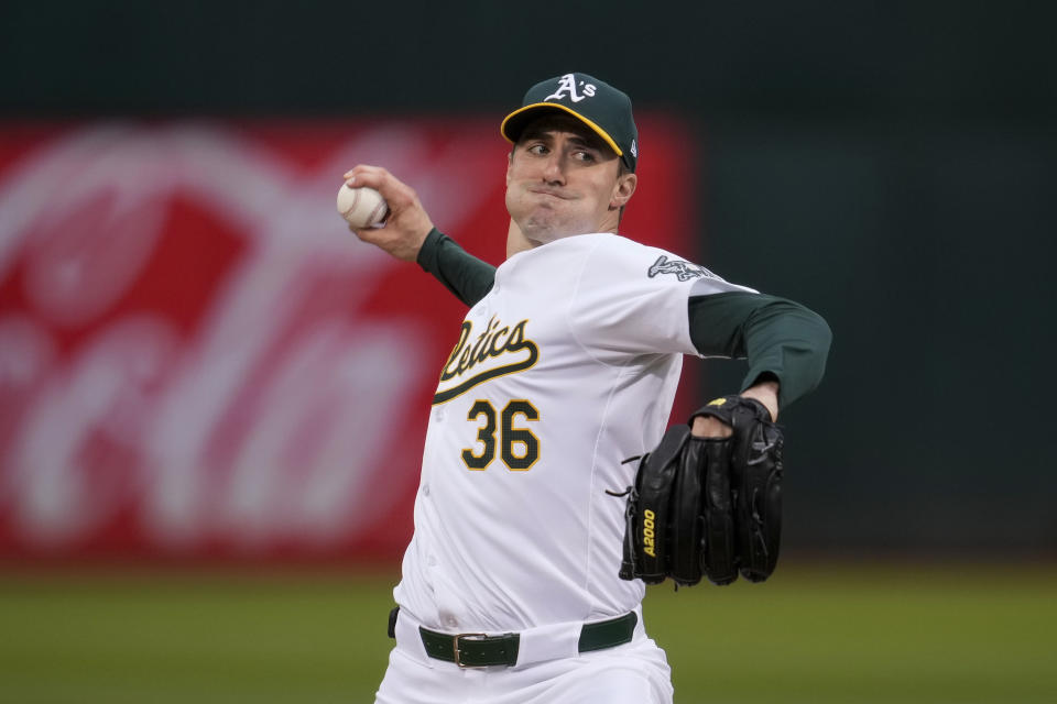 Oakland Athletics pitcher Ross Stripling throws to a Houston Astros batter during the first inning of a baseball game Friday, May 24, 2024, in Oakland, Calif. (AP Photo/Godofredo A. Vásquez)