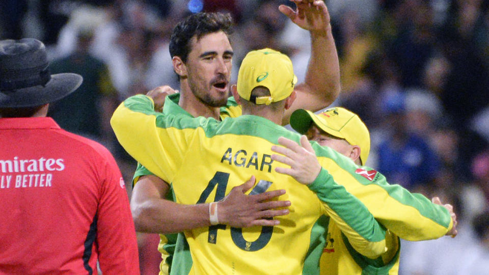 Mitchell Starc and the Aussies, pictured here celebrating victory over South Africa.