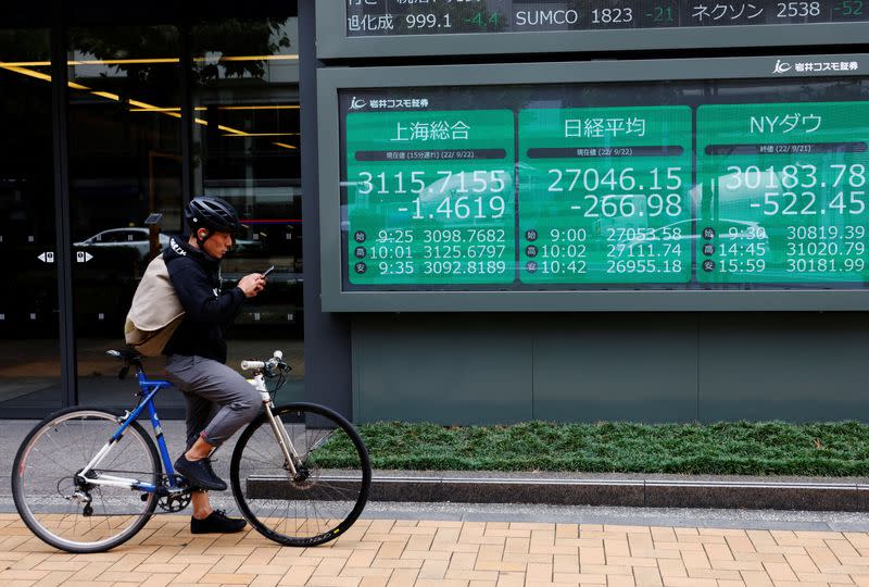 A man on a bicycle stands in front of an electronic board showing Shanghai stock index, Nikkei share price index and Dow Jones Industrial Average outside a brokerage in Tokyo