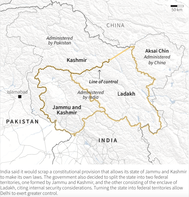 Map showing the new split state of Jammu and Kashmir, and Ladakh. (Source: Reuters)