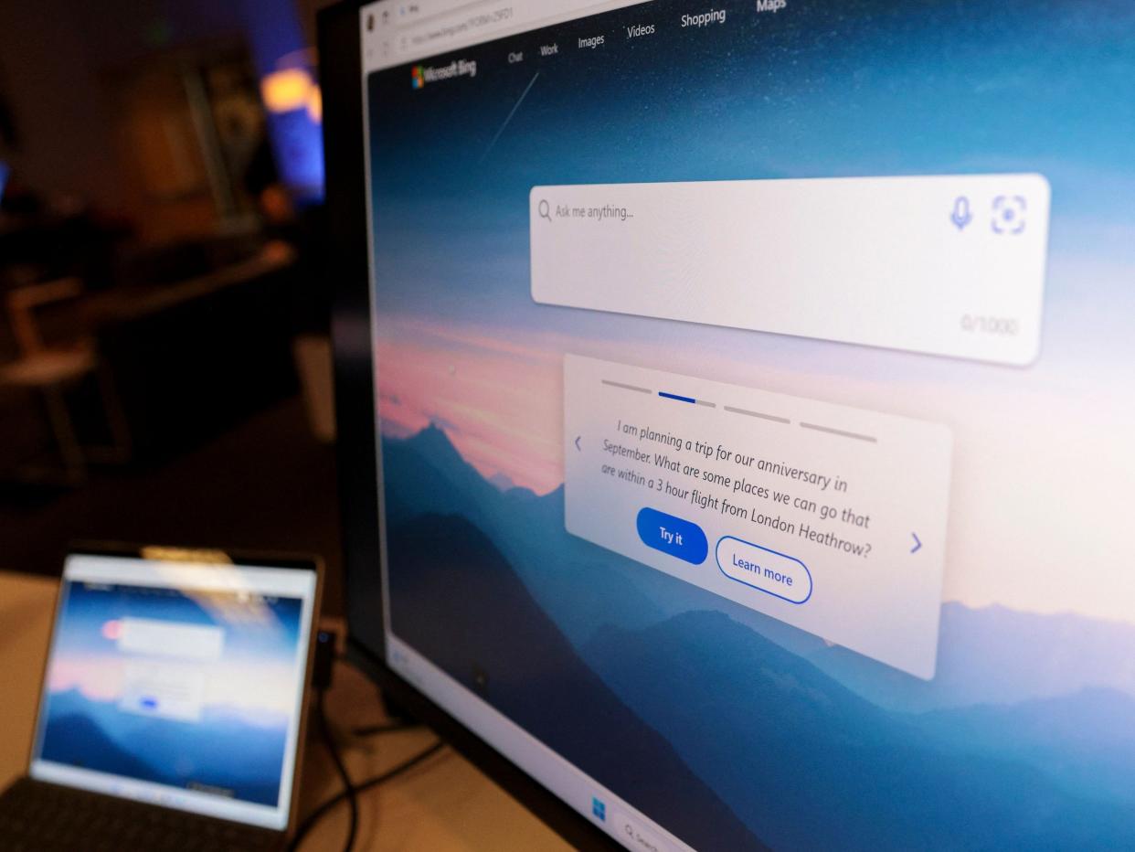 Microsoft Bing search engine in pictured on a monitor in the Bing Experience Lounge during an event introducing a new AI-powered Microsoft Bing and Edge at Microsoft in Redmond, Washington on February 7, 2023.