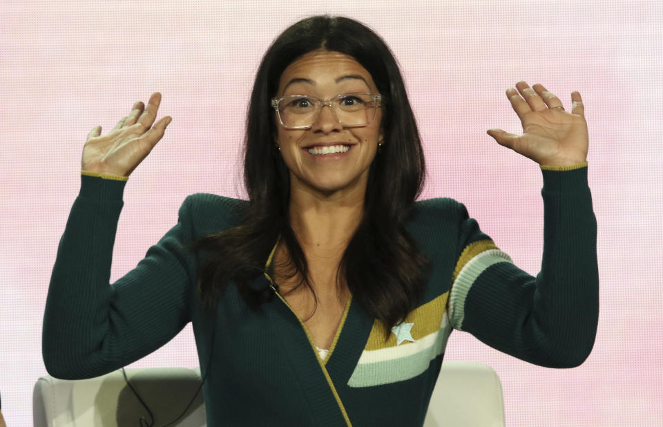 CORRECTS NETWORK FROM SHOWTIME TO CW - Gina Rodriguez speaks in the A Final Farewell to "Jane the Virgin" panel during the CW TCA Winter Press Tour on Thursday, Jan. 31, 2019, in Pasadena, Calif. (Photo by Willy Sanjuan/Invision/AP)