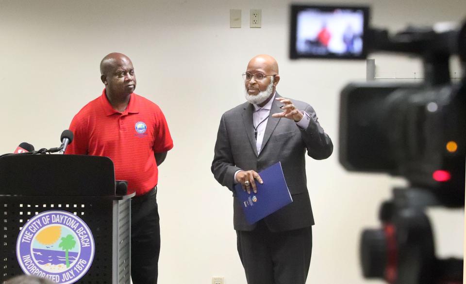 Daytona Beach Mayor Derrick Henry, pictured at left, and City Manager Deric Feacher spoke to the media this summer about efforts to improve public safety along the Seabreeze Boulevard corridor with new lighting and cameras.