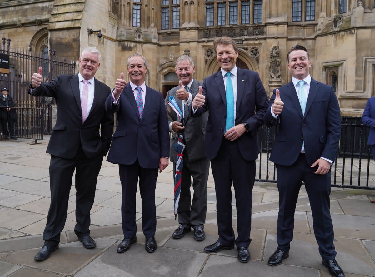 Reform UK leader Nigel Farage says it is unfair his party came third in vote share but got only five MPs. From left: Lee Anderson, Farage, Rupert Lowe, Richard Tice and James McMurdock (Maja Smiejkowska/PA Wire)