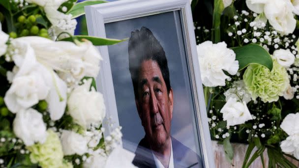 FILE PHOTO: A picture of late former Japanese Prime Minister Shinzo Abe is seen in Tokyo, Japan, on July 12, 2022. (Kim Kyung-hoon/Reuters)