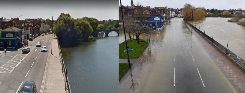 The Salopian Bar in Shrewsbury (pictured far left) pictured in summer (left) and on February 24, 2020 (right).