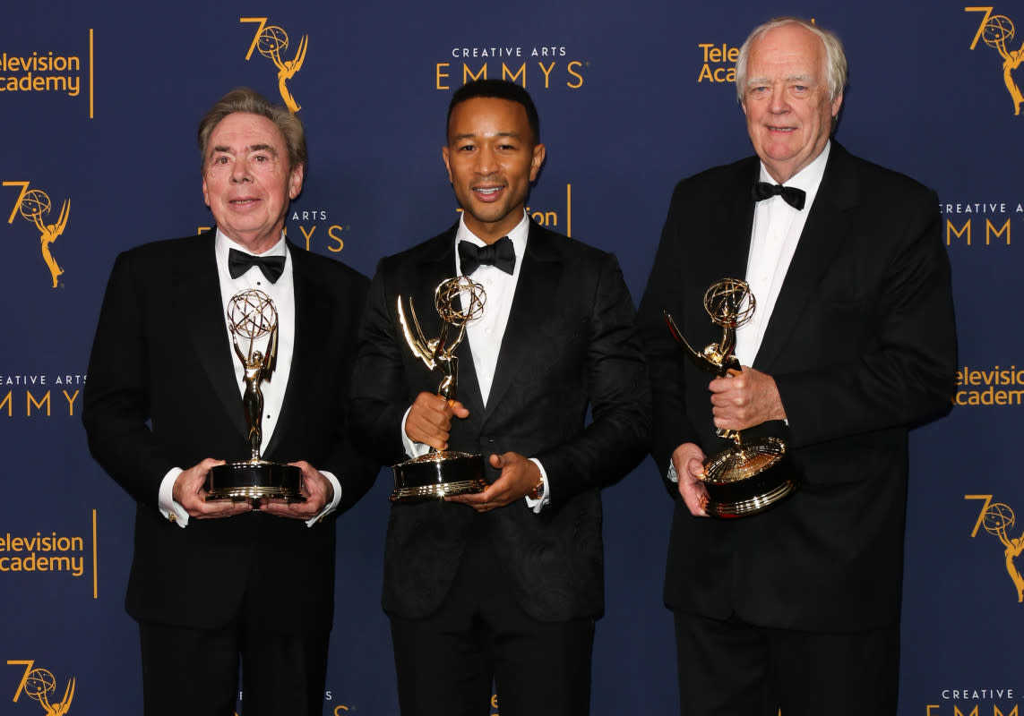 EGOT winners Andrew Lloyd Webber, John Legend and Tim Rice pose in the press room of the 2018 Creative Arts Emmy Awards on Sept. 9, 2018, in Los Angeles.<p>Paul Archuleta/Getty Images</p>