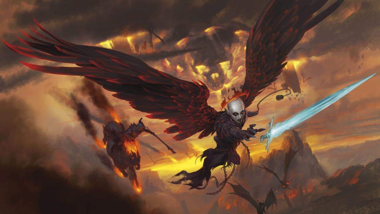  D&D Descent into Avernus Keyart Zariel pursues a glowing sword followed by demonic minions 