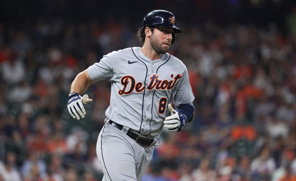 Tigers right fielder Matt Vierling runs to first base on a single during the sixth inning on Wednesday, April 5, 2023, in Houston, Texas.