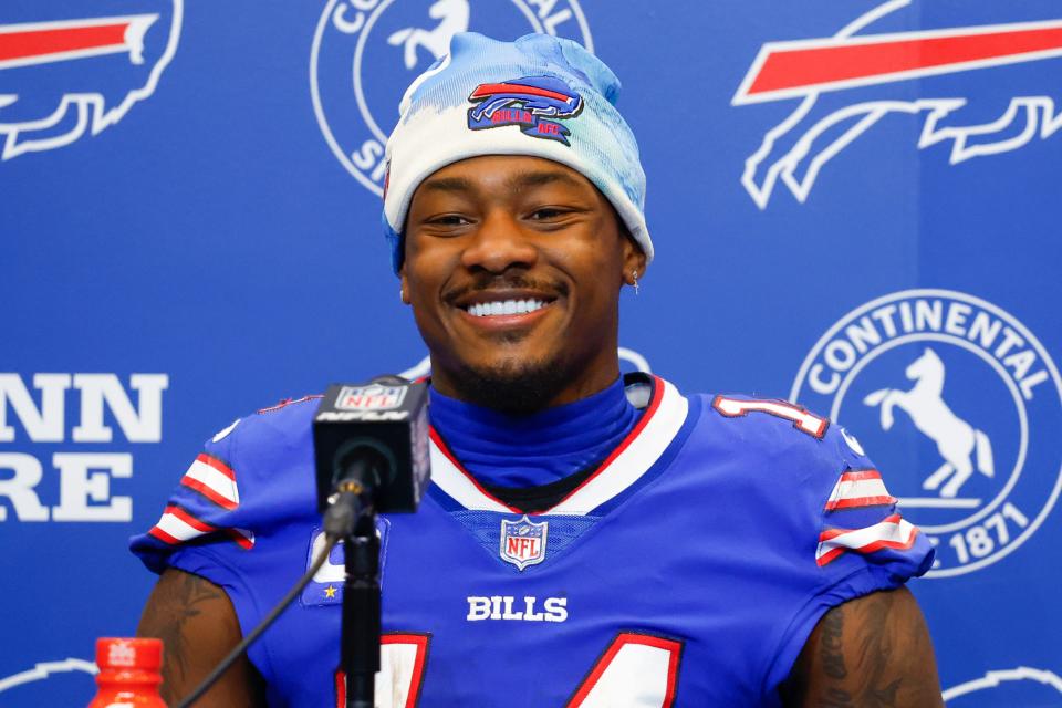 Buffalo Bills wide receiver Stefon Diggs (14) smiles while talking to reporters after an NFL football game Green Bay Packers, Sunday, Oct. 30, 2022, in Orchard Park, N.Y. (AP Photo/Jeffrey T. Barnes)