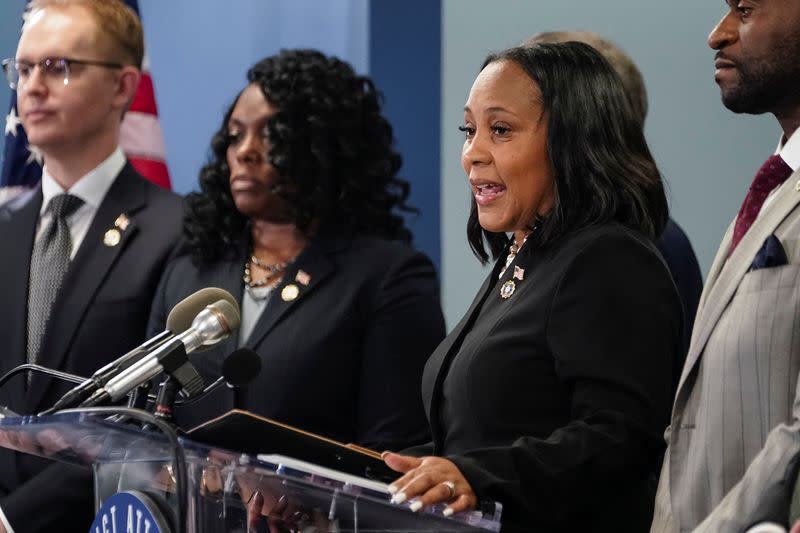 Fulton County District Attorney Fani Willis holds a press conference after the indictment of Donald Trump