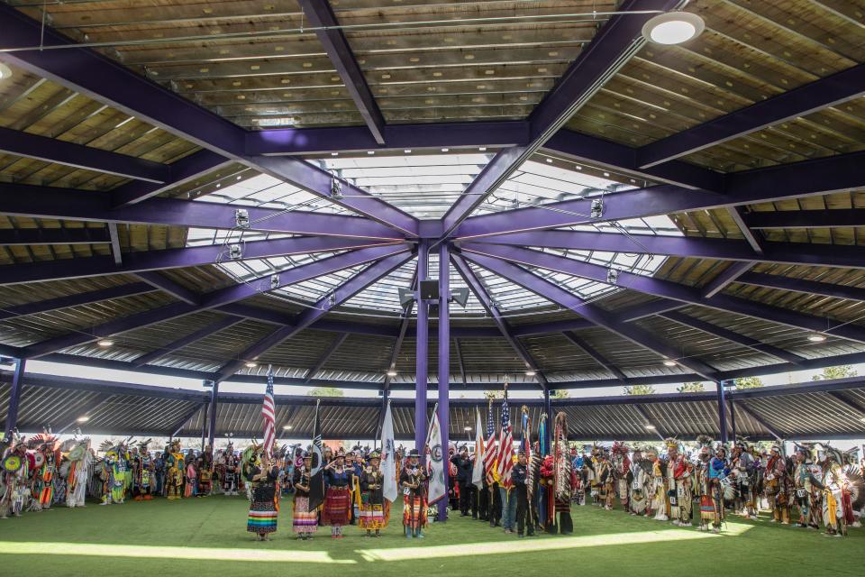 The Flag Ceremony takes place at the Santee Lucky Mound Pow Wow in Parshall, North Dakota. June 25, 2021