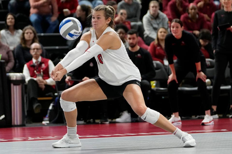 Dec 2, 2022; Columbus, Ohio, USA;  Ohio State Buckeyes Mac Podraza (10) receives a serve during the NCAA women's volleyball tournament first round match against the Tennessee State Tigers at the Covelli Center. Mandatory Credit: Adam Cairns-The Columbus Dispatch