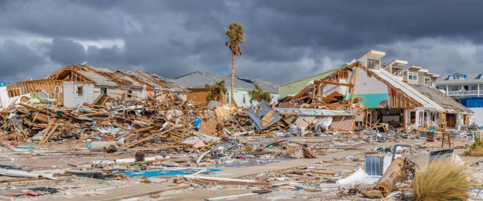 Mexico Beach, Florida, United States October 26, 2018.  16 days after Hurricane Michael. The Mexico Beach Public Pier area, what is left of houses in this area