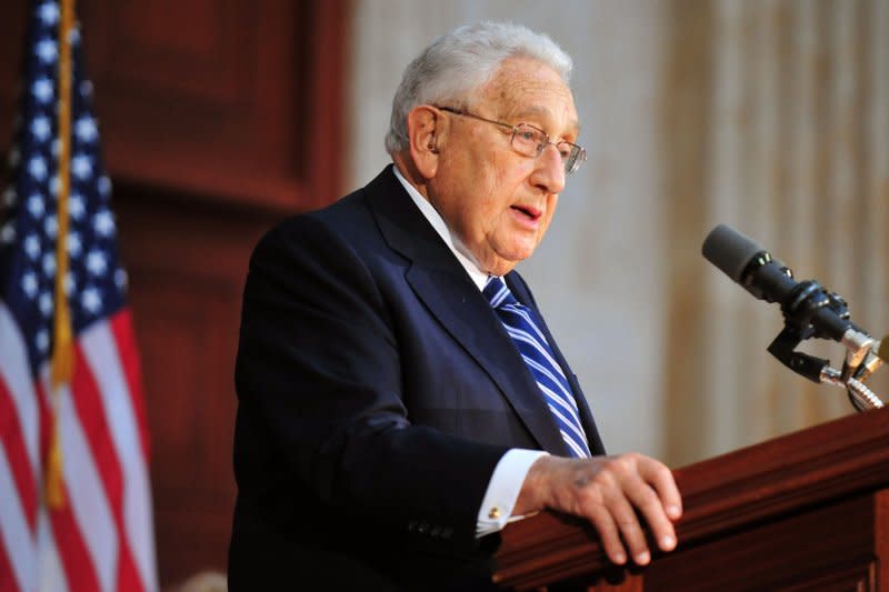 Former Secretary of State Henry Kissinger, speaking at the unveiling ceremony for a statue of the late former President Gerald R. Ford in the U.S. Capitol Building in Washington on May 3, 2011, has died at the age of 100. Kissinger died Wednesday at his home in Connecticut. File Photo by Kevin Dietsch/UPI