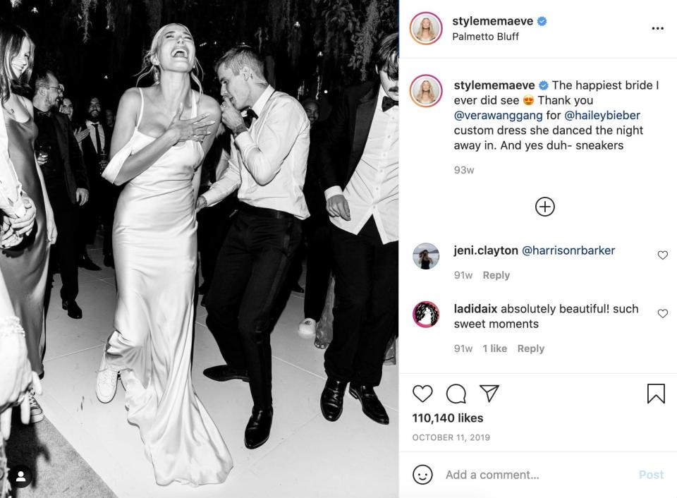 Hailey Bieber changed into a Vera Wang dress for her reception.