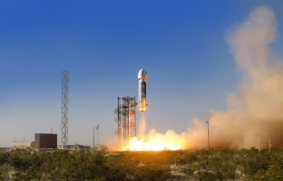 Blue Origin's privately built New Shepard passenger ship launches on a suborbtial test flight from West Texas on April 29, 2015. New Shepard is a commercial spaceship designed to fly at least three people on round trip suborbital flights.