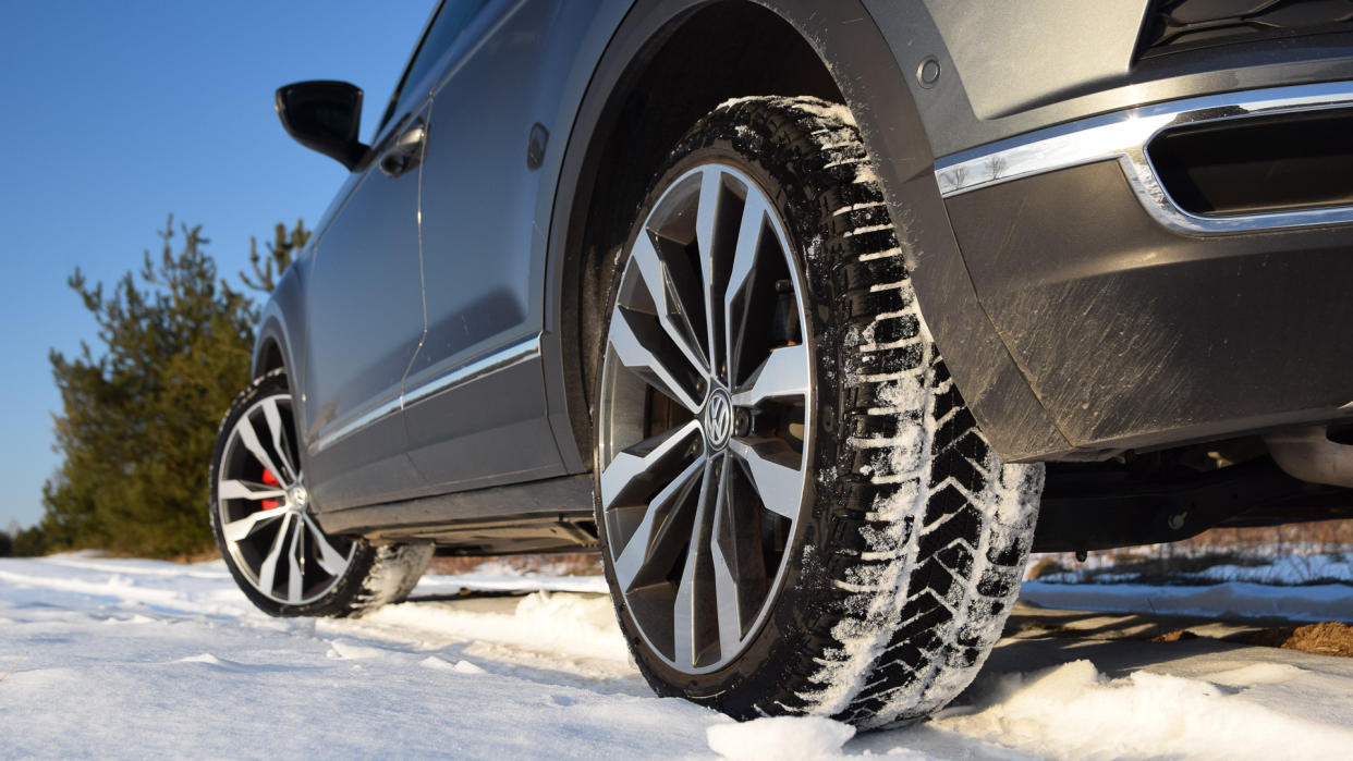 Zdiar, Slovakia - 21 March, 2018:  Winter tires in a car on the snowy road.