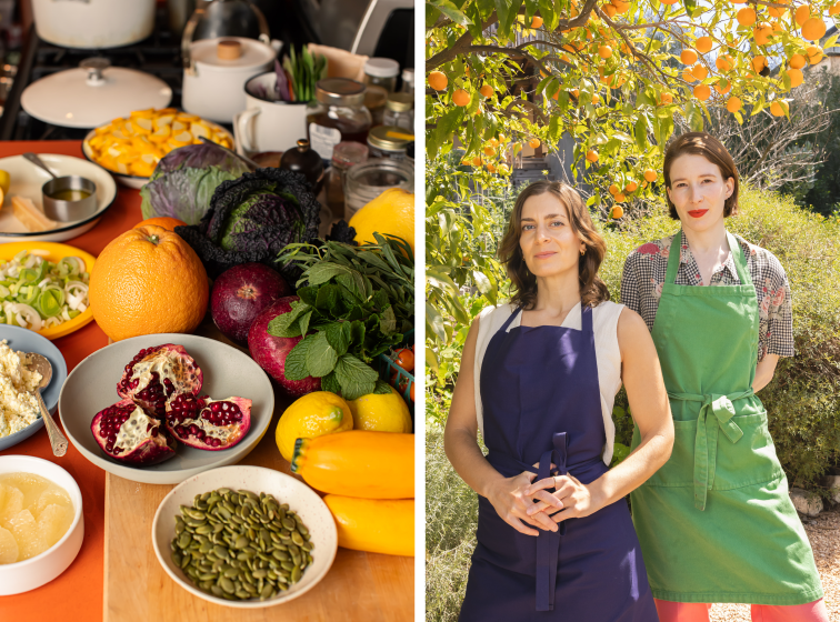 Sara Kramer and Sarah Hymanson, right, and a table of fruits and vegetables, left.