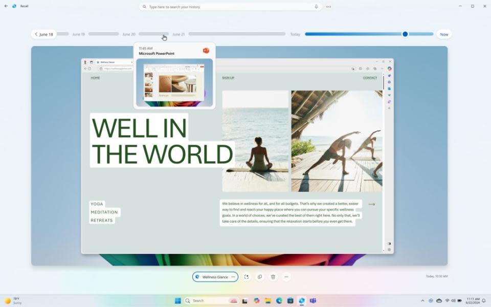 Windows Recall screenshots showing a PowerPoint slide (