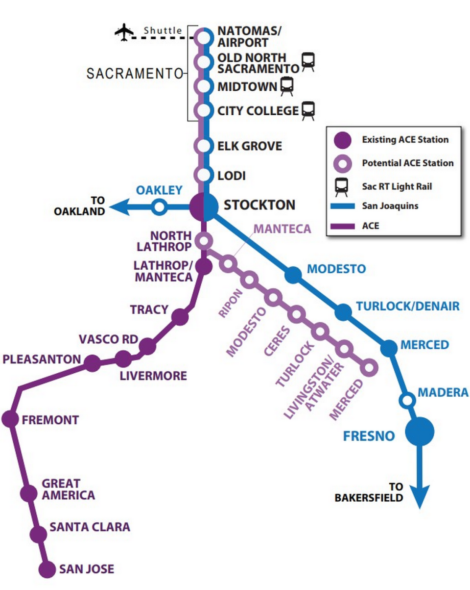 A map shows existing and planned stops for the San Joaquin Regional Rail Commission and Altamount Corridor Express rail services.