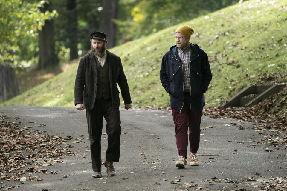 This image released by HBO Max shows Seth Rogen portraying Herschel Greenbaum, left, and Ben Greenbaum in a scene from "An American Pickle." (Hopper Stone/HBO Max via AP)