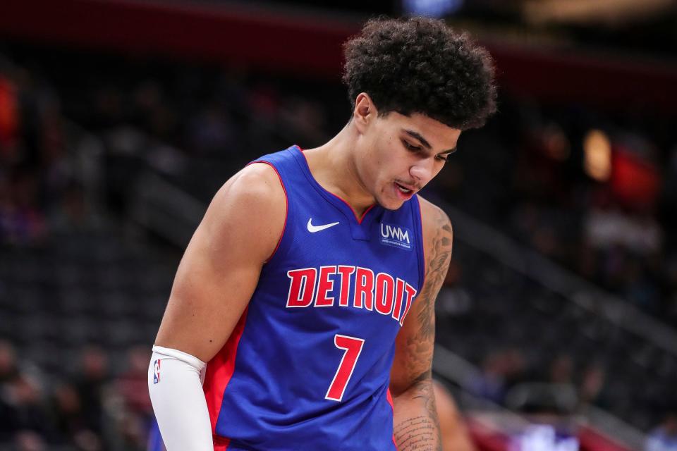 Killian Hayes reacts to a play against the Grizzlies during the first half of the Pistons' 116-102 loss Dec. 6, 2023, at Little Caesars Arena.