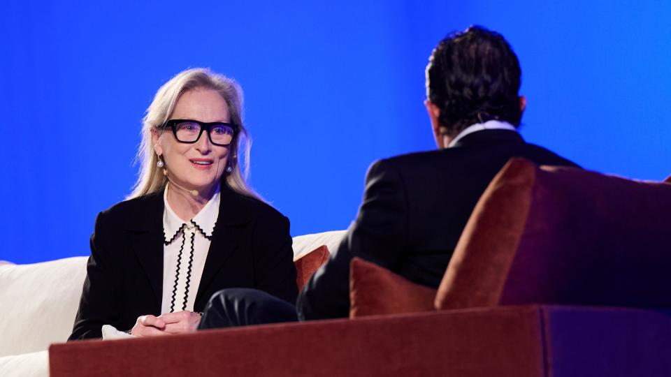 Actor Antonio Banderas and actress Meryl Streep - with white hair and wearing a black blazer - attend the 'Sin Guion' conference during the Princesa de Asturias Awards 2023 at the Palacio de Congresos on October 18, 2023 in Oviedo, Spain.