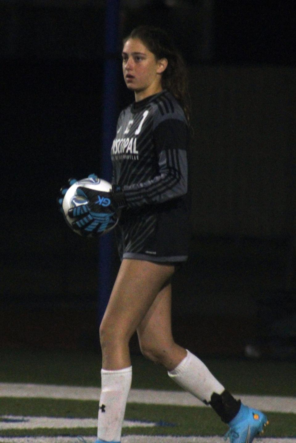 Episcopal goalkeeper Ava Galani, committed to Memphis, prepares to punt the ball in a game against Bolles.
